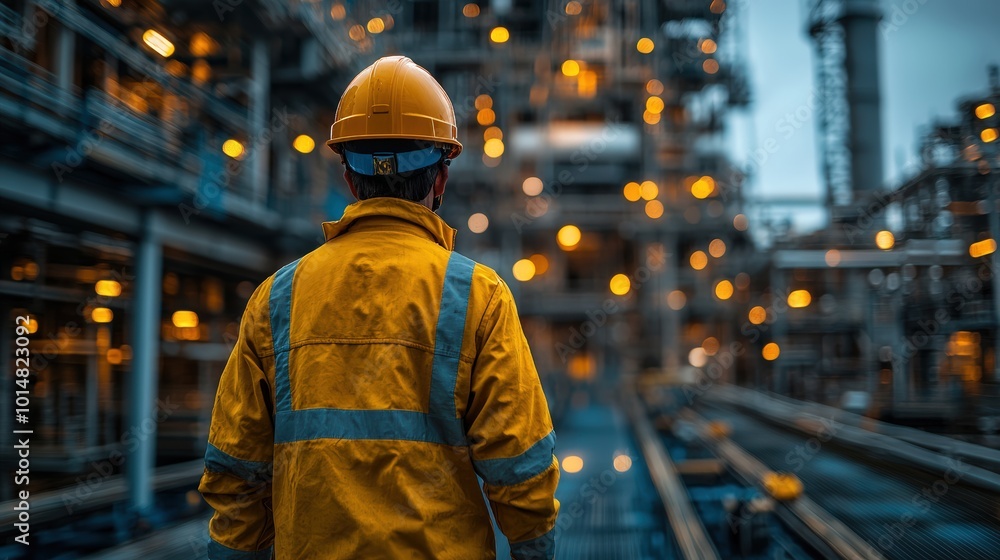 A worker dressed in protective gear stands focused in an industrial setting, representing human labor and industry. A worker dressed in protective gear stands focused in an industrial setting, representing human labor and industry.
