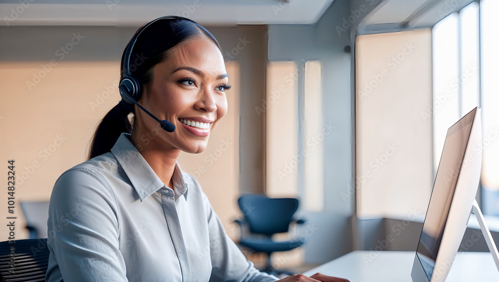笑顔で顧客対応を行うカスタマーサポート担当者がヘッドセットを使用している。生成AI