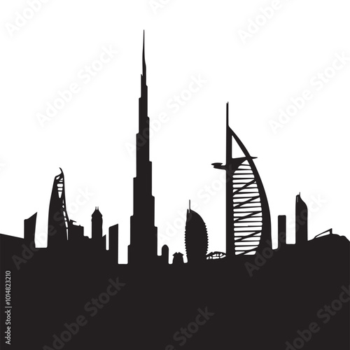 Dubai skyline silhouette with iconic buildings and landmarks in monochrome.