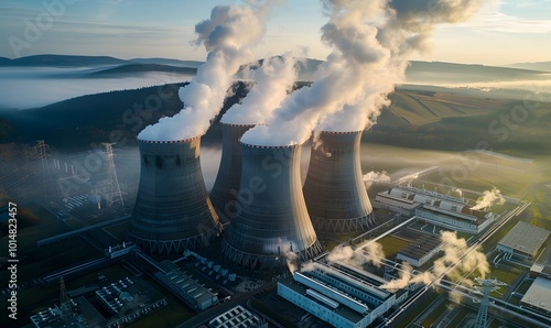 Aerial View of Power Plant with Steam and Fog