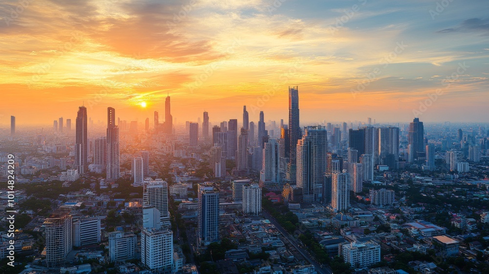 Fototapeta premium Cityscape at Sunset with Vibrant Sky Colors