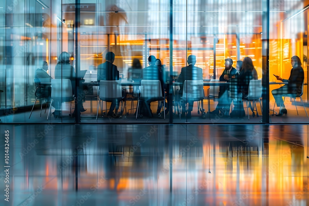 Business Meeting Reflection in Modern Office Glass Wall Business Meeting Reflection in Modern Office Glass Wall
