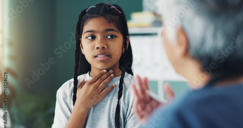 Cuadro en lienzo Child, girl and doctor in office for consultation, speech therapy or health treatment for sore throat