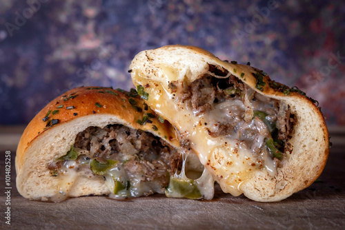Philly Cheese steak Sub Roll with Melting Cheese with Green Peppers