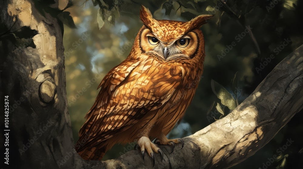 A brown owl perched on a tree branch, with detailed feathers and soft shadows highlighting its form A brown owl perched on a tree branch, with detailed feathers and soft shadows highlighting its form