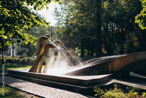 Fountain in the summer city park. Spray fountain in the center of city with selective focus and blurred background. photo