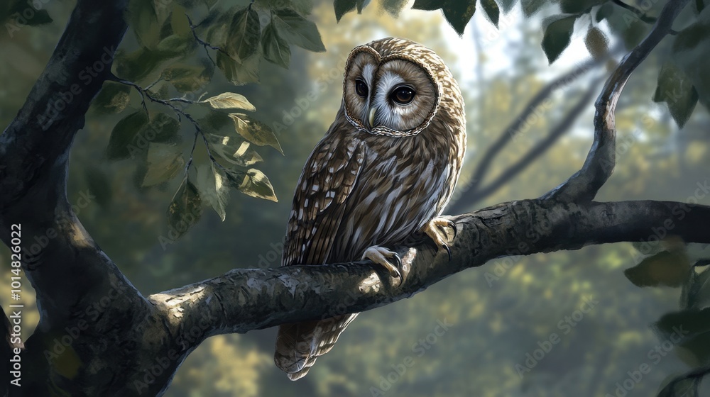 A brown owl perched on a tree branch, with detailed feathers and soft shadows highlighting its form A brown owl perched on a tree branch, with detailed feathers and soft shadows highlighting its form