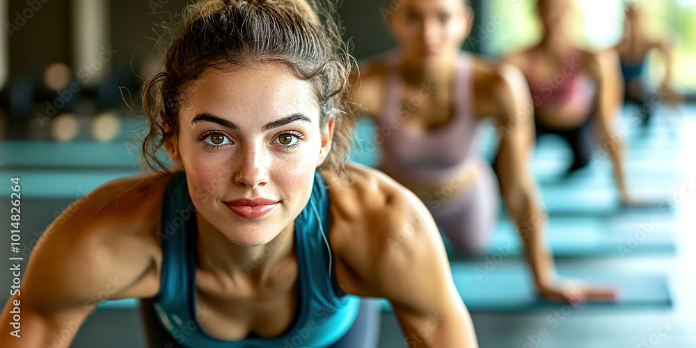 A woman is doing yoga poses with other women A woman is doing yoga poses with other women