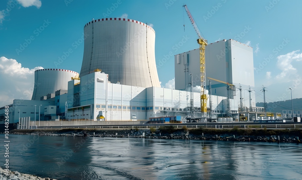 Cooling Towers and Crane at an Industrial Water Power Plant Cooling Towers and Crane at an Industrial Water Power Plant