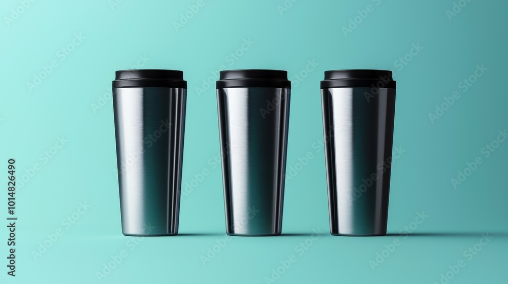 Stylish Stainless Steel Tumblers on Teal Background Stylish Stainless Steel Tumblers on Teal Background