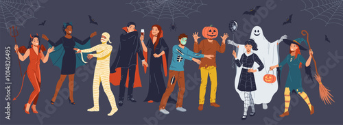 Group of friends in spooky Halloween costumes flat color vector illustration. Adults enjoying eerie party cartoon composition on grey background