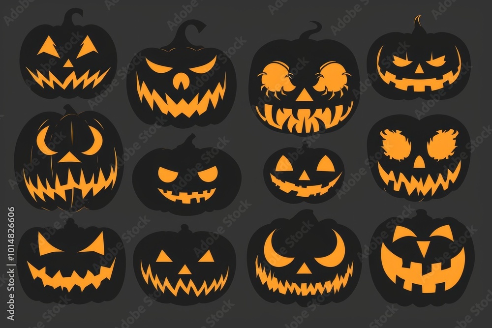 A collection of jack-o'-lanterns on a dark, ominous background, perfect for Halloween decorations and autumn-themed designs A collection of jack-o'-lanterns on a dark, ominous background, perfect for Halloween decorations and autumn-themed designs