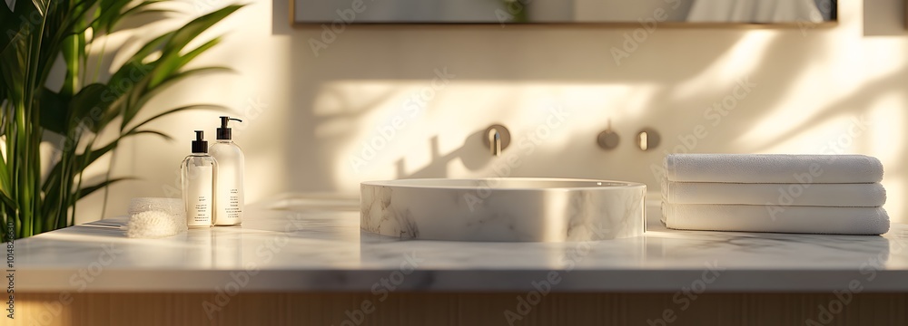 5. **Luxury Lifestyle Setting:** Capture a scene featuring a white marble tabletop in a stylish bathroom, complemented by sleek cabinetry and tasteful decor. This mockup space provides a perfect 5. **Luxury Lifestyle Setting:** Capture a scene featuring a white marble tabletop in a stylish bathroom, complemented by sleek cabinetry and tasteful decor. This mockup space provides a perfect