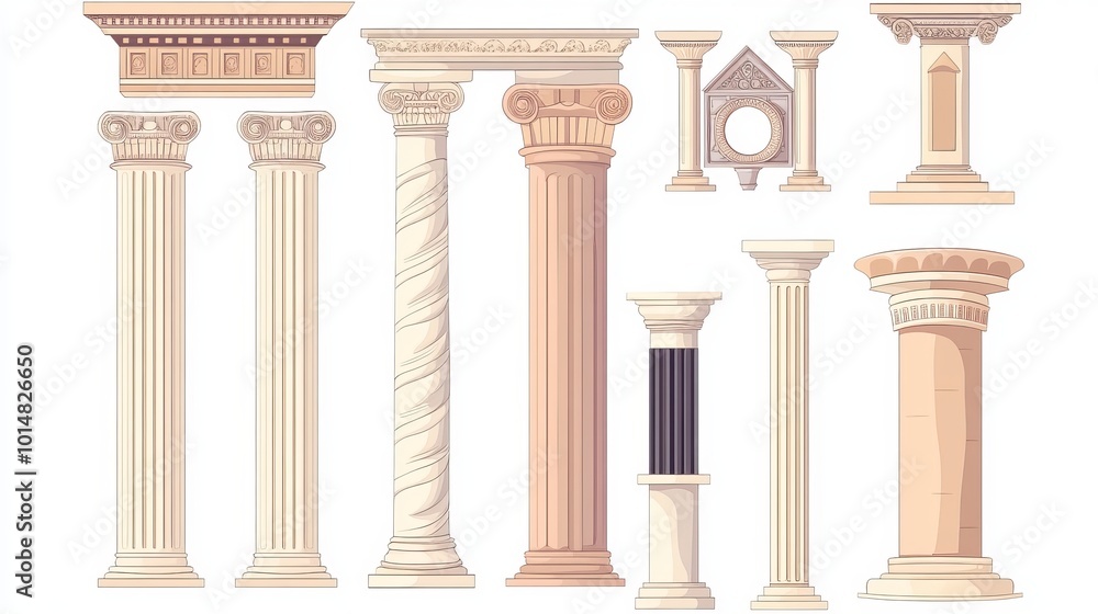Fototapeta premium Timeless Elegance: A Hand-Drawn Collection of Greek and Roman Antique Architectural Elements Featuring Classic Columns, Vintage Structures, and Historical Design Motifs