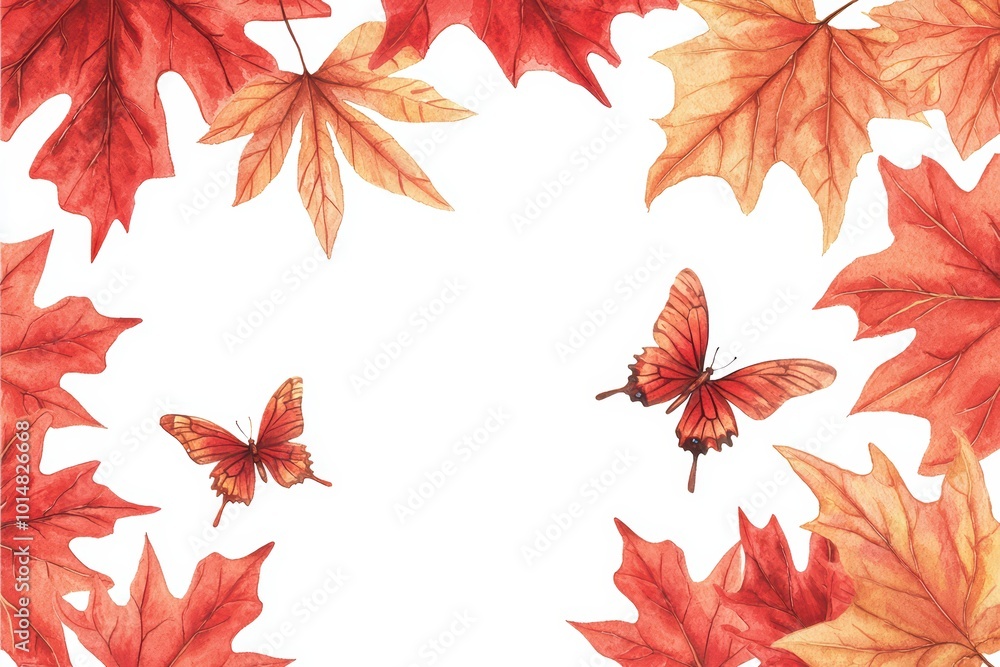 Vibrant autumn leaves and butterflies create a beautiful frame against a white background, perfect for seasonal themes or nature-inspired projects. Vibrant autumn leaves and butterflies create a beautiful frame against a white background, perfect for seasonal themes or nature-inspired projects.