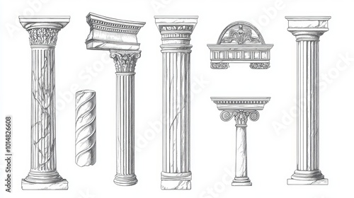 Timeless Elegance: A Hand-Drawn Collection of Greek and Roman Antique Architectural Elements Featuring Classic Columns, Vintage Structures, and Historical Design Motifs