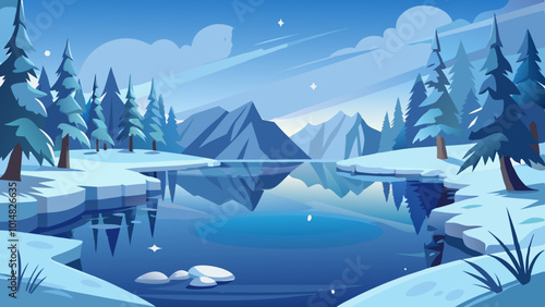 Serene Frozen Lake with Fish Shadows and Snow-Covered Trees. Perfect for: Winter holidays, Winter solstice