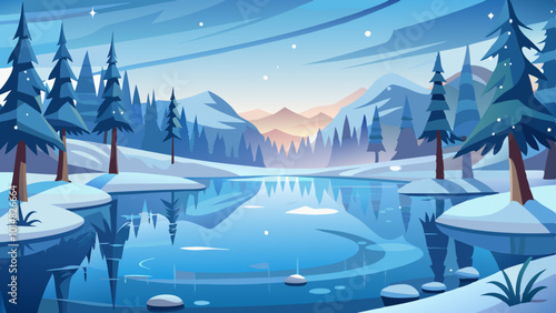 Serene Frozen Lake with Fish Shadows and Snow-Covered Trees. Perfect for: Winter holidays, Winter solstice