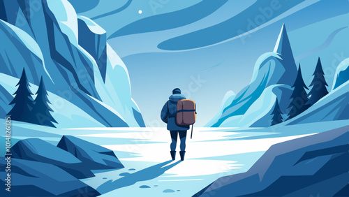 Lone Traveler Walking Through Snow with Backpack. Perfect for: Winter solstice, Winter exploration, Winter holidays