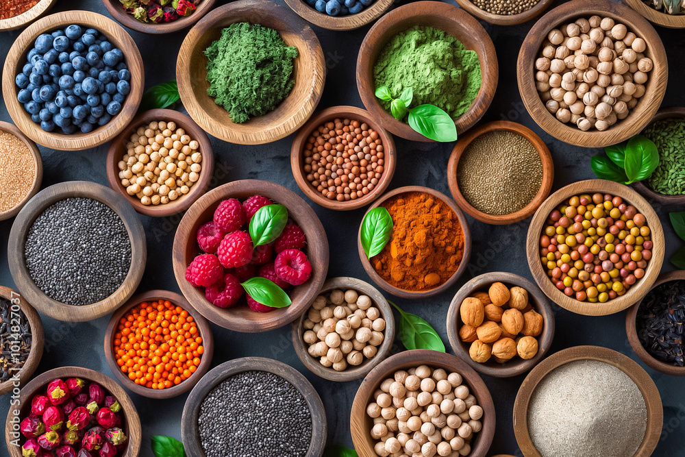 An assortment of spices, herbs, and fruits, including blueberries, raspberries, and various seeds, elegantly arranged in wooden bowls on a dark background An assortment of spices, herbs, and fruits, including blueberries, raspberries, and various seeds, elegantly arranged in wooden bowls on a dark background