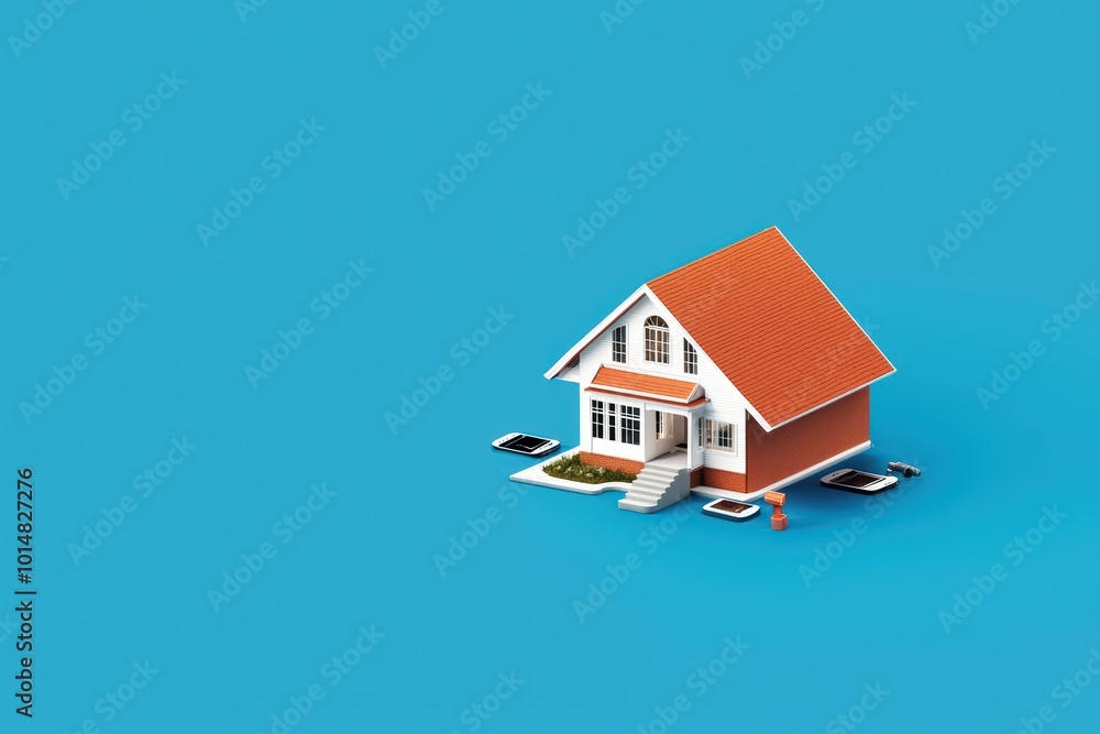 custom made wallpaper toronto digitalA charming miniature house model with a red roof, set against a bright blue background. Ideal for real estate and construction themes.