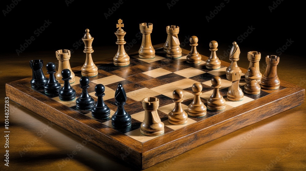 A brown wooden chessboard with detailed pieces arranged for a game, captured in soft light