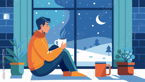Quiet Winter Moment by the Window with Falling Snow. Perfect for: Christmas, Winter Solstice, Cozy indoor settings