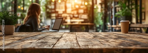 1. **Inviting Product Display:** Create an image of a rustic wooden table in a modern cafe, adorned with stylish products ready for display. In the blurred background, a female customer enjoys her