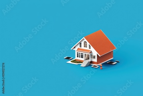 Wallpaper Mural A charming miniature house model with a red roof, set against a bright blue background. Ideal for real estate and construction themes. Torontodigital.ca