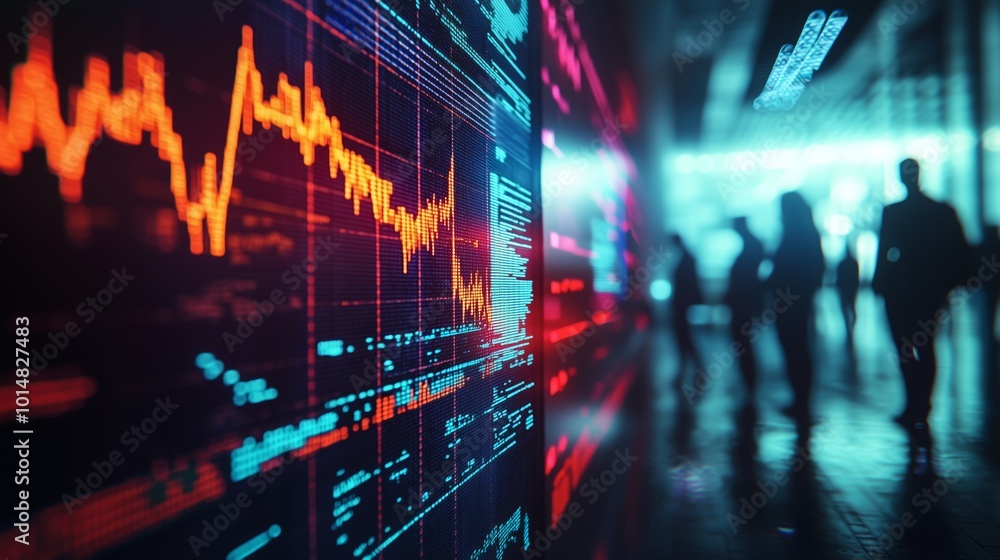 Vibrant digital interface displays data analysis while silhouettes gather in a bustling tech environment during evening hours Vibrant digital interface displays data analysis while silhouettes gather in a bustling tech environment during evening hours