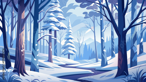 Serene Snow-Covered Forest with Frosted Branches. Perfect for: Christmas, Winter Solstice, Snowy forests