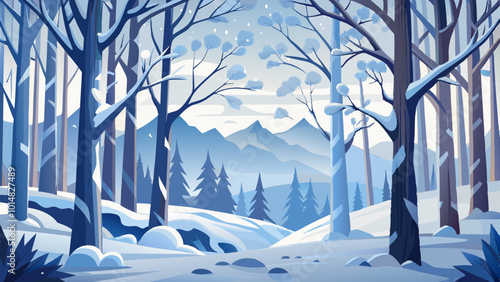 Serene Snow-Covered Forest with Frosted Branches. Perfect for: Christmas, Winter Solstice, Snowy forests