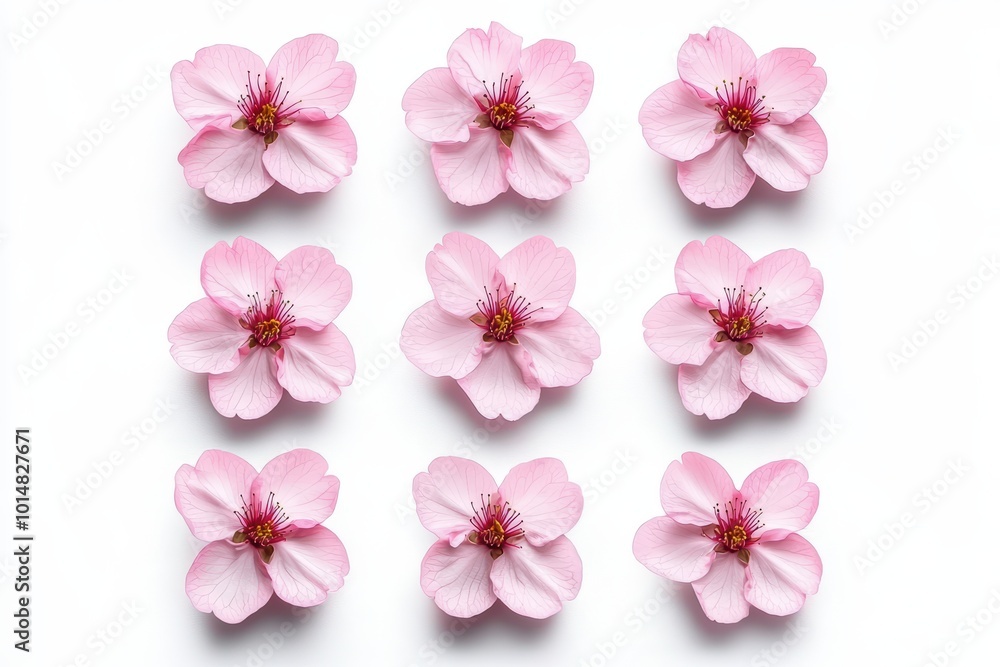A collection of pink flowers arranged neatly on a white isolated background, showcasing delicate petals and vibrant colors. A collection of pink flowers arranged neatly on a white isolated background, showcasing delicate petals and vibrant colors.