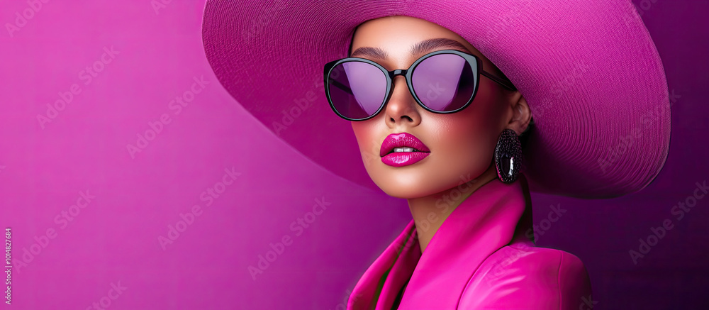 A fashion model in pink sunglasses and a hat against a purple background, creating an atmosphere of glamour and sophistication A fashion model in pink sunglasses and a hat against a purple background, creating an atmosphere of glamour and sophistication