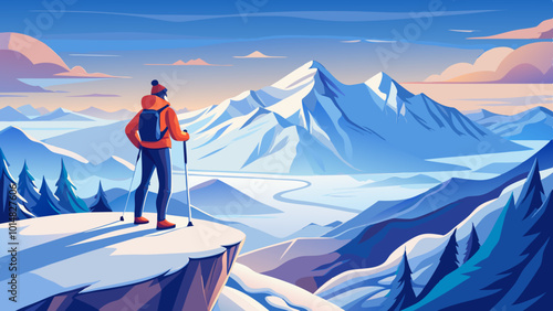 Skier Standing on Mountaintop Overlooking Snowy Plains. Perfect for: Christmas, Winter Sports, Mountain summits