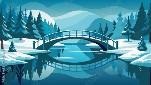 Serene Snow-Covered Bridge Reflected on Frozen River. Perfect for: Christmas, Winter Solstice, Frozen landscapes
