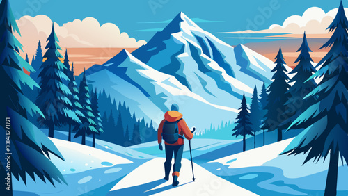 Traveler Walking on Snow-Covered Mountain Path. Perfect for: Winter Solstice, Christmas, Mountain Parks, Winter Travel Destinations