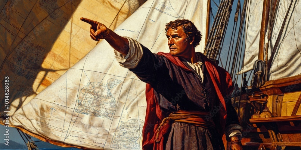Obraz premium [Columbus pointing toward the horizon, surrounded by navigational charts and the sails of his ship], on a white background, high resolution, high detail, 