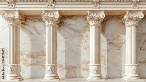 3D Render of Classic Beige Pillars and Pedestal Against Roman Columns Backdrop for Product Display in Ancient Greek Marble Architecture