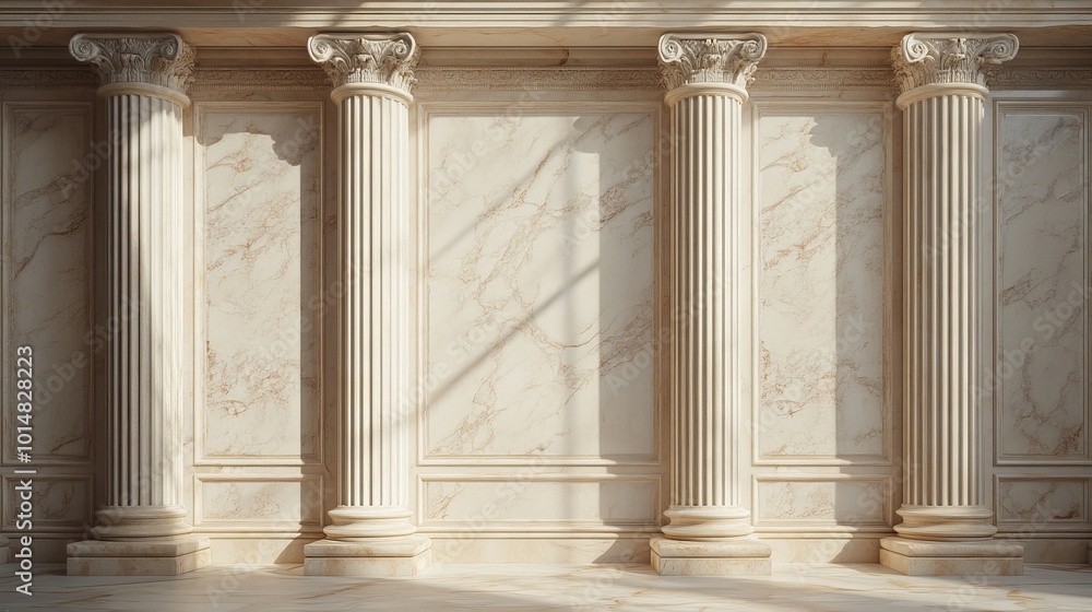 3D Render of Classic Beige Pillars and Pedestal Against Roman Columns Backdrop for Product Display in Ancient Greek Marble Architecture 3D Render of Classic Beige Pillars and Pedestal Against Roman Columns Backdrop for Product Display in Ancient Greek Marble Architecture