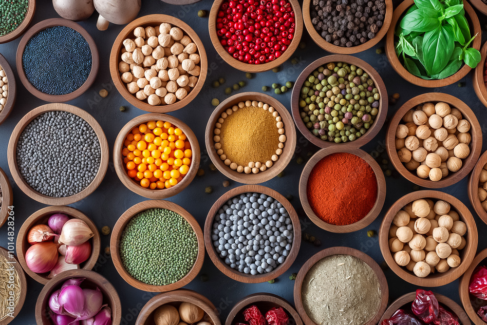 A vibrant collection of spices and herbs arranged in wooden bowls showcases various colors and textures, creating an inviting atmosphere for culinary creativity A vibrant collection of spices and herbs arranged in wooden bowls showcases various colors and textures, creating an inviting atmosphere for culinary creativity