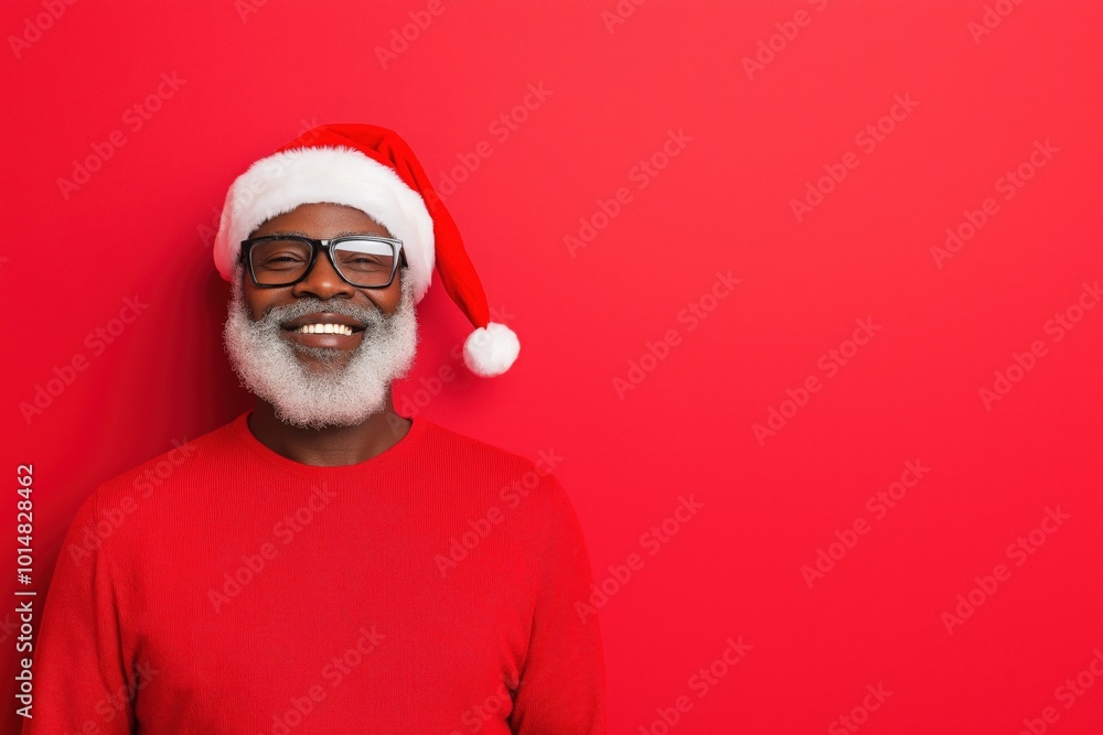 Smiling African American man in Santa hat with red background Smiling African American man in Santa hat with red background