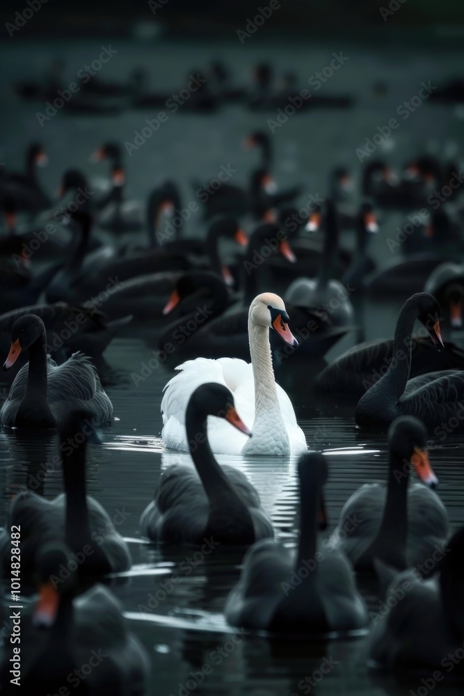 Obraz premium Group of swans swimming together in a peaceful lake setting