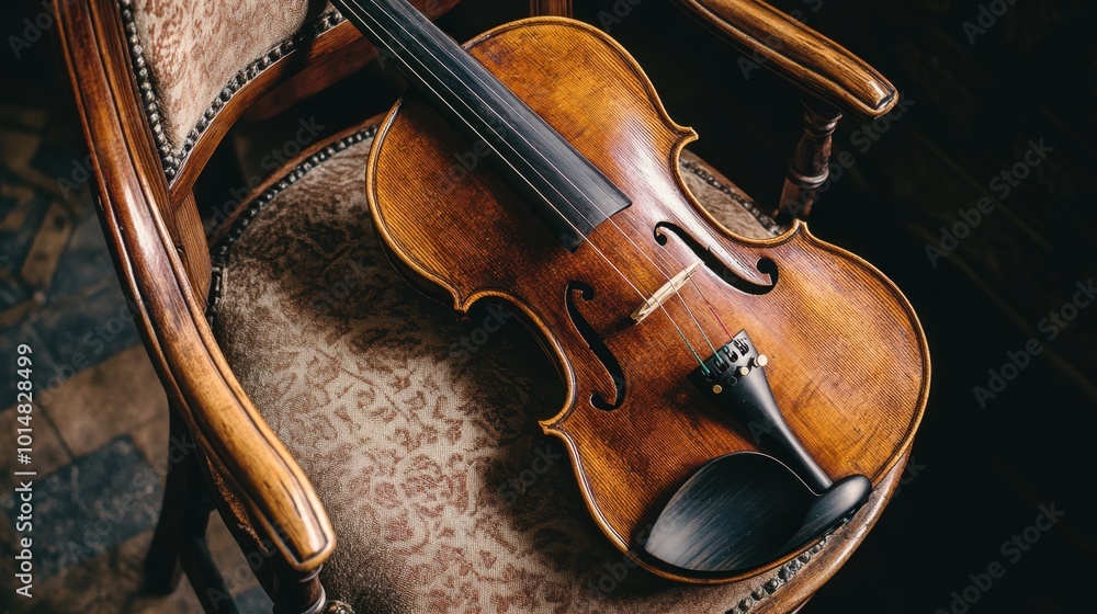 Fototapeta premium A brown wooden violin resting on a chair, with fine details of the wood grain and strings captured in soft light