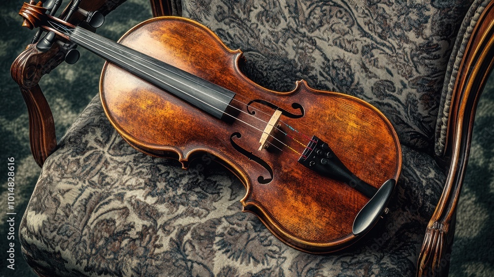 Fototapeta premium A brown wooden violin resting on a chair, with fine details of the wood grain and strings captured in soft light