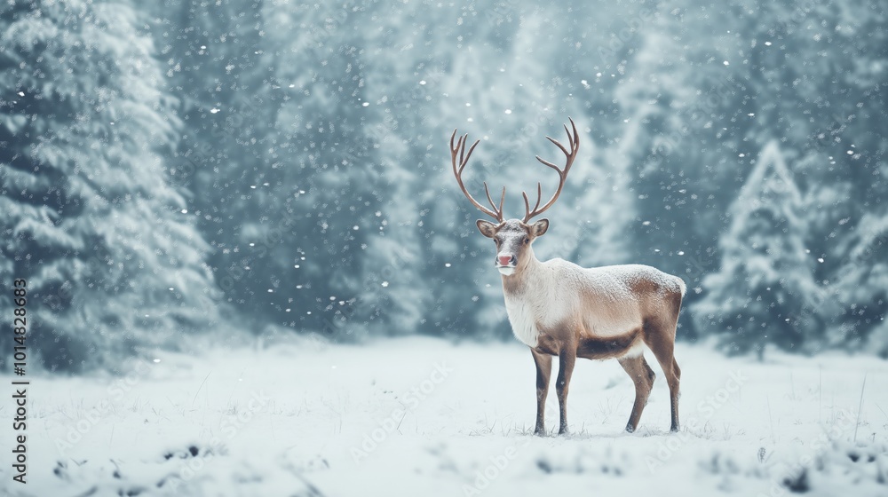 Reindeer standing in snowy forest during a peaceful winter snowfall Reindeer standing in snowy forest during a peaceful winter snowfall