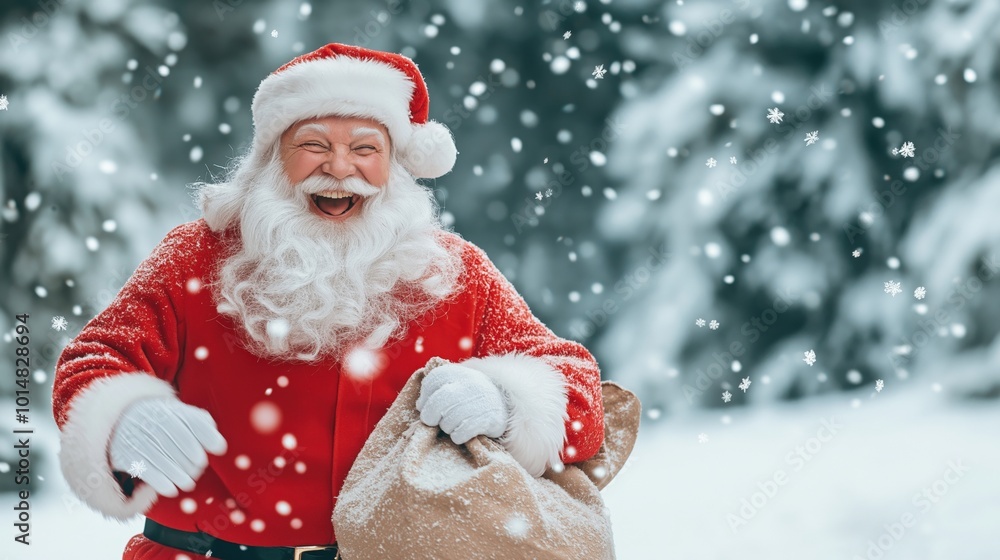 Cheerful Santa Claus with a gift sack laughing in a snowy winter scene Cheerful Santa Claus with a gift sack laughing in a snowy winter scene