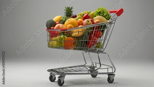 Create a detailed isolated image of a shopping cart filled with groceries such as fresh fruits, vegetables, and packaged items, on a white background. Ensure the items look vibrant and realistic.