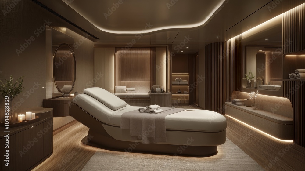 A serene spa room featuring a massage table, ambient lighting, and calming decor for relaxation and wellness. A serene spa room featuring a massage table, ambient lighting, and calming decor for relaxation and wellness.