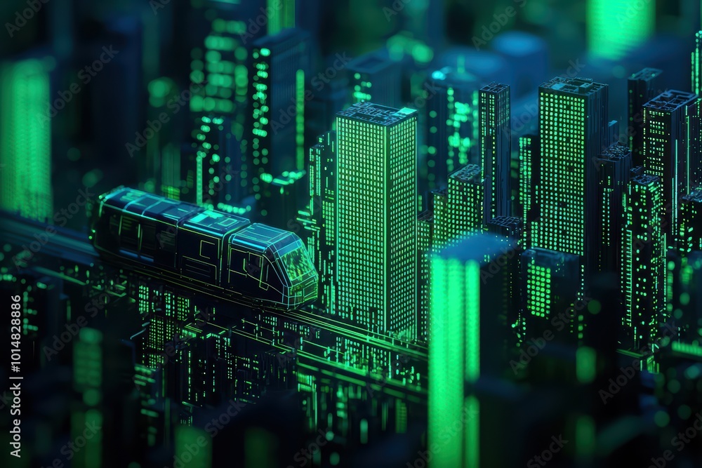 A futuristic cityscape featuring a train gliding through skyscrapers illuminated by vibrant green lights, creating a lively digital atmosphere. A futuristic cityscape featuring a train gliding through skyscrapers illuminated by vibrant green lights, creating a lively digital atmosphere.